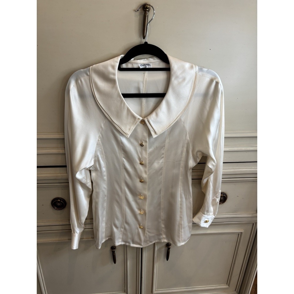 Chanel Vintage Silk Cream Blouse Gold Button Front Double Collar Old Money Vibe